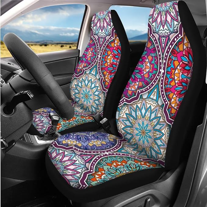 14 Pcs Art Mandala Car Seat Covers Full Set with Steering Wheel Cover,Seat Belt Covers Cup Holder Center Console with Keychain Universal Fit Interior Accessories for SUV Truck