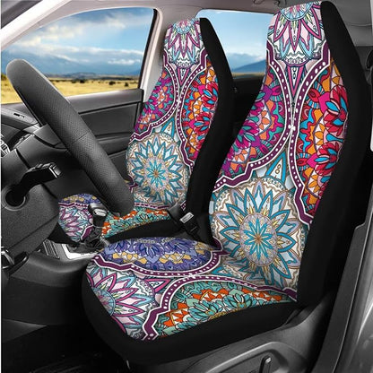 14 Pcs Art Mandala Car Seat Covers Full Set with Steering Wheel Cover,Seat Belt Covers Cup Holder Center Console with Keychain Universal Fit Interior Accessories for SUV Truck