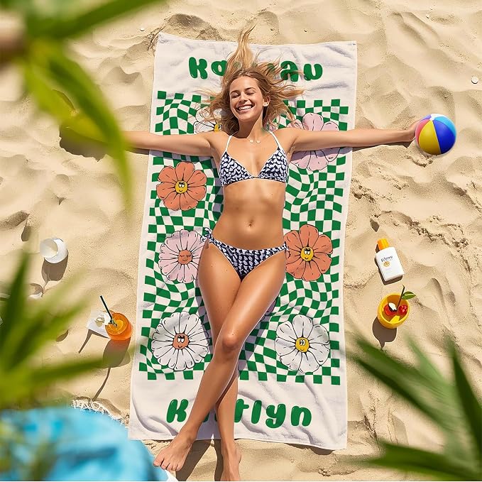 JML Personalized Beach Towel with Name, Custom Flower Beach Towel, Customized Microfiber Pool Towel, Quick Dry & Absorbent Swim Towel for Adult,Mother's Day, Birthday, Summer Holiday,Vacation