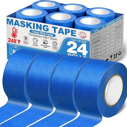 Aheroi Painters Tape, 24 Rolls Painters Tape 2 Inch Wide, 248℉ Blue Masking Tape(1320yds), Sharp Lines Wide UV-Resistant Tape Bulk for Multi-Purpose, No Residue&Easy Removal, Home Walls Car Supplies