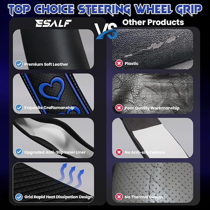 Ventilated Heart-Shaped Steering Wheel Cover with Anti-Slip Leather Grip. Compatible with Ford, Toyota, Honda, Nissan, and Chevrolet Vehicles for 14.5-15.2 inch Round Steering Wheels.