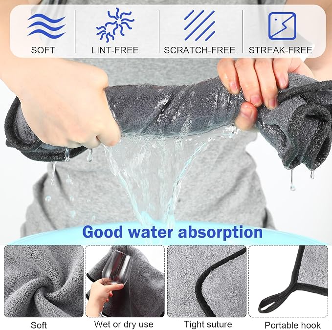 Tallew 12 Pcs Microfiber Towels for Cars, 800 GSM Plush Drying Cleaning Cloth Bulk, 16 x 16 Inch Thick Absorbent Wash Detailing Towels for Car Polishing, House, Kitchen Cleaning(Gray)