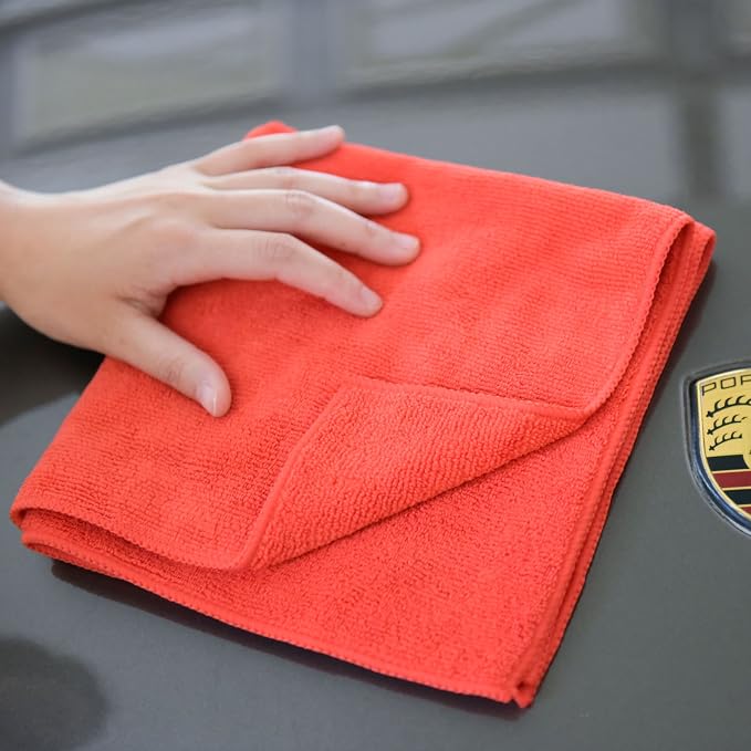 CARCAREZ Premium Microfiber Detailing Towels, 340 GSM Lint Free Car Buffing Waxing Polishing Drying Towels (6, Red, 16x16 Inch)