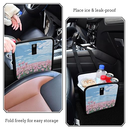 Car Trash Can Organizer Bin with Adjustable Strap for Back Front Seat Console Waterproof Leakproof Collapsible Portable 11 Inch Pink Tulip Field and Blue Sky