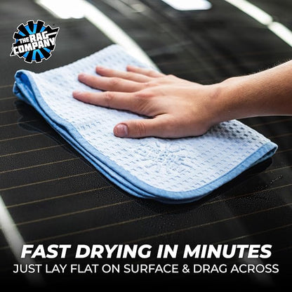 The Rag Company Dry Me A River, Professional Korean 70/30 Blend Microfiber Waffle-Weave Drying & Detailing Towels, Soft Suede Edges, 390 GSM, 16x24 Inches, Light Blue, 3-Pack