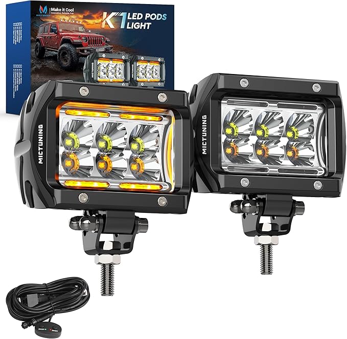 MICTUNING K1 4 Inch 36W Amber White LED Light Pods 6 Modes Dual Color Flood Off Road Light Cube Spot Strobe Lights Driving Offroad Ditch Lights for Truck Jeep, Pair