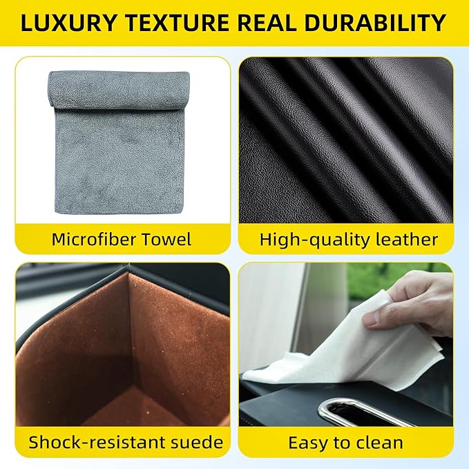 Back Seat Car Organizer with One Towel Leather Wood Materials Car Back Seat Storage Box 2 Drink Cup Holder Tissue Box for Hold Phone Drinks Handbag Compatible with Most Vehicles (Black)