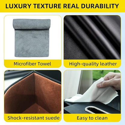 Back Seat Car Organizer with One Towel Leather Wood Materials Car Back Seat Storage Box 2 Drink Cup Holder Tissue Box for Hold Phone Drinks Handbag Compatible with Most Vehicles (Black)
