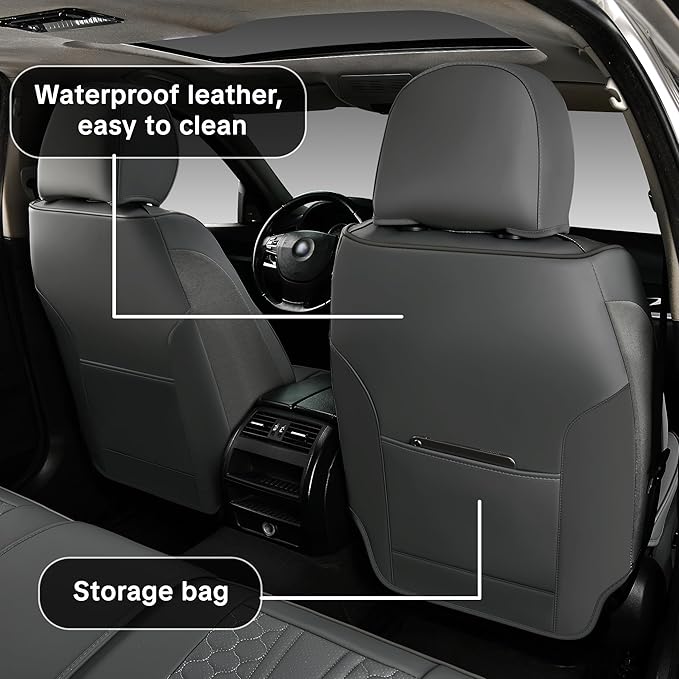 Car Seat Cover Set Interior Accessories, Gray, Waterproof Leather, With Lumbar Support, Airbag Compatible, Non-slip, 5-Piece Complete Set, Pet-Friendly Car Seat Covers, Fits Most Vehicle Models