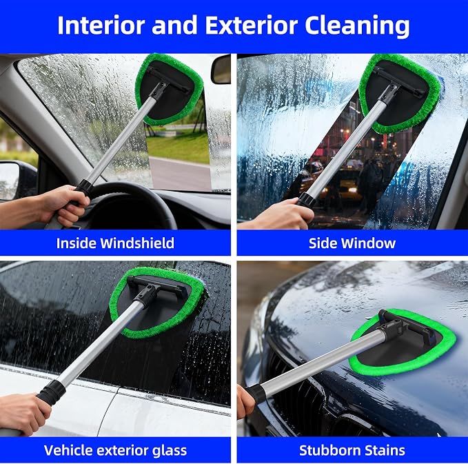 Windshield Cleaner Tool with Extendable Aluminum Handle (Up to 19.7"), Streak-Free Auto Glass Cleaning Kit with 4 Thick Microfiber Pads & Spray Bottle, Inside Window Defogger Accessories
