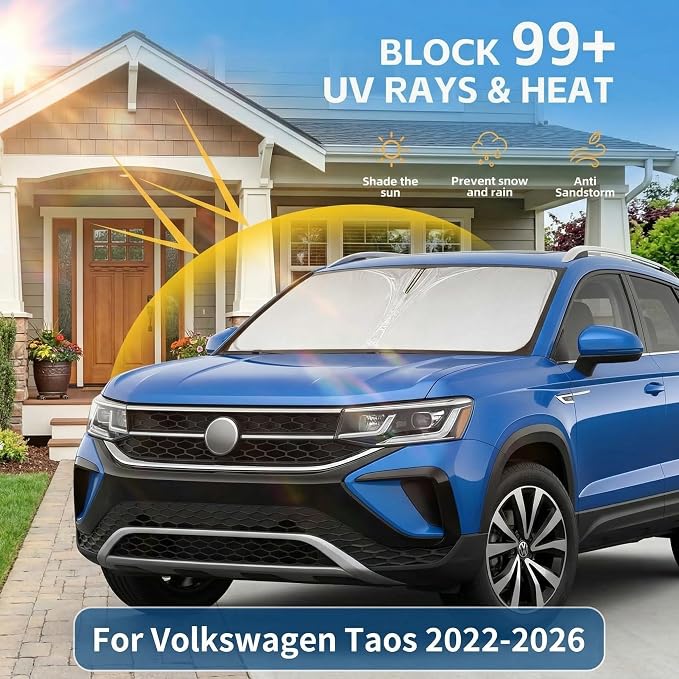 Windshield Sun Shade for Volkswagen Taos 2022-2025 2026 Sunshade Front Window Shade Custom Fit Taos Accessories Sun Visor Foldable Shade Blocks UV Rays Accessories