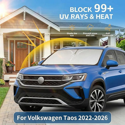 Windshield Sun Shade for Volkswagen Taos 2022-2025 2026 Sunshade Front Window Shade Custom Fit Taos Accessories Sun Visor Foldable Shade Blocks UV Rays Accessories