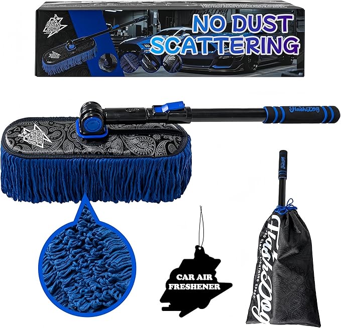 Flash Dog Waterless Car Duster - Wax Cotton Strands 360°Swivel Head & Extendable Aluminum Alloy Handle for Scratch-Free Dusting on Cars, Trucks, SUVs, RVs