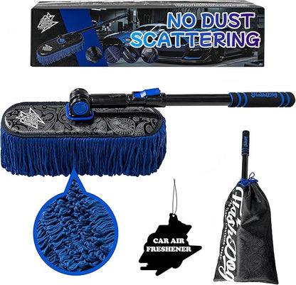 Flash Dog Waterless Car Duster - Wax Cotton Strands 360°Swivel Head & Extendable Aluminum Alloy Handle for Scratch-Free Dusting on Cars, Trucks, SUVs, RVs
