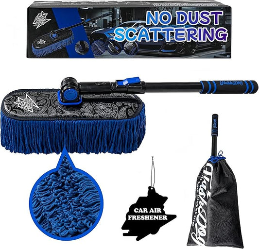 Flash Dog Waterless Car Duster - Wax Cotton Strands 360°Swivel Head & Extendable Aluminum Alloy Handle for Scratch-Free Dusting on Cars, Trucks, SUVs, RVs