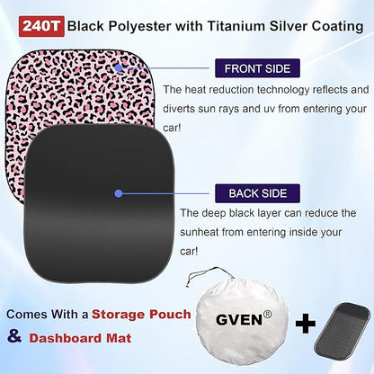 Gven Windshield Sun Shade 2pcs with Bonus Pink Car Sunshade for Front Window Shades 2025 Technology Reflect UV and Heat Sun Visor Automotive Interior Accessories Sun Protection (Pink Leopard, S)