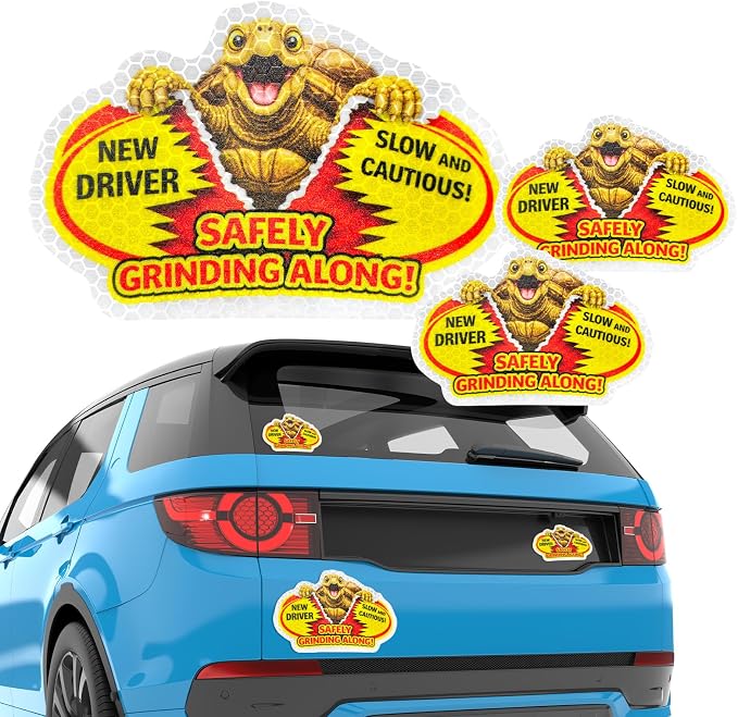 3 Pcs Reflective Student Driver Magnet and Stickers Set - Funny Animal New Driver Safety Signs for Car, Waterproof & Weatherproof High Visibility Vehicle Bumper Decals, Magnet + Stickers (Turtle)