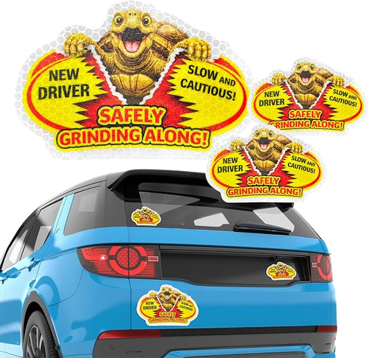 3 Pcs Reflective Student Driver Magnet and Stickers Set - Funny Animal New Driver Safety Signs for Car, Waterproof & Weatherproof High Visibility Vehicle Bumper Decals, Magnet + Stickers (Turtle)