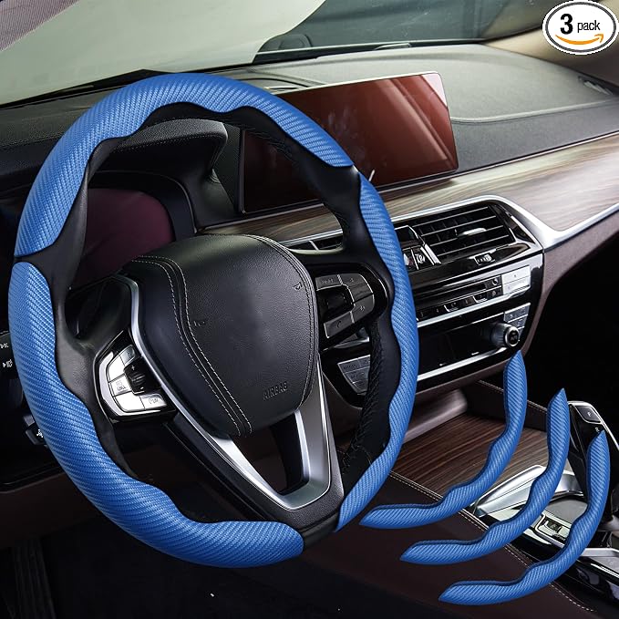WOCOCN 3pcs Car Steering Wheel Cover,Anti-Skid Carbon Fiber Steering Wheel Protector for Men Women,Multiple Color Options,Universal for Most Car Interiors Accessories (Bule 3PCS)