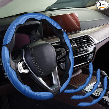 WOCOCN 3pcs Car Steering Wheel Cover,Anti-Skid Carbon Fiber Steering Wheel Protector for Men Women,Multiple Color Options,Universal for Most Car Interiors Accessories (Bule 3PCS)