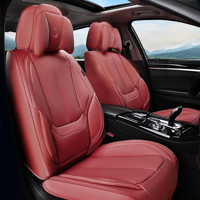 Coverado Universal Seat Covers Full Set, Universal Seat Covers for Cars, Waterproof Nappa Leather Car Seat Covers with Head Pillow, 5 Seats Auto Protectors Fit for Most Sedans SUV Pick-up Truck-Red