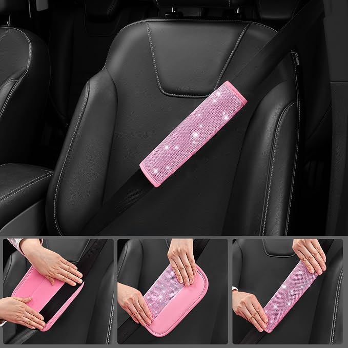 CAR PASS 11 PCS Bling Car Accessories Set for Women, Sparkly Rhinestone Diamond Steering Wheel Cover, Bling Seat Belt Cushion, Shift Knob Cover, Push Start Button Ring, Car Cup Holder Coaster, Pink
