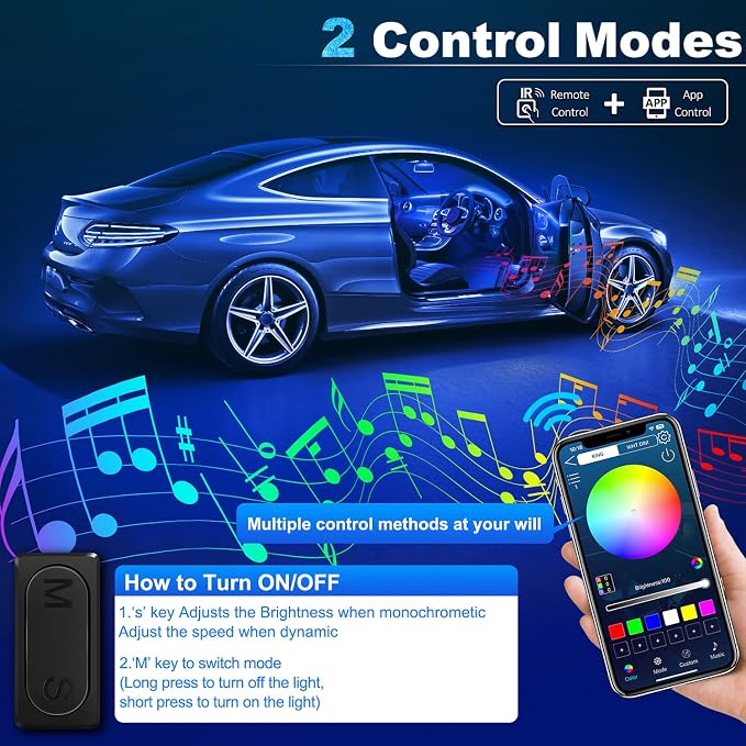 Acrylic Interior Car LED Strip Light with Wireless APP, RGB 10 in 1 with 175 inches 612 LEDs Fiber Optic Car Ambient Lighting Kits, Dynamic Music Sync Neon LED Strip Lights for Car