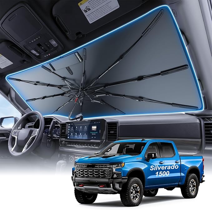 2026 Upgraded Windshield Sun Shade Umbrella for Chevrolet Silverado 1500 [Precision Custom Fit, Superior UV & Heat Block] Cooling Tech Fabric, Durable Foldable with Storage Bag, Fits 2000-2026