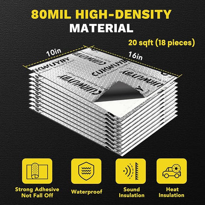 Sound Deading Material for Cars, 80mil (2mm) 20 sqft (1.86 sqm) Car Sound Deadening Mat, Butyl Automotive Sound Deadener, Noise Insulation and Vibration Dampening Material (18 pcs)