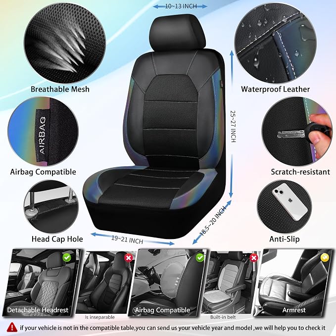 CAR PASS Leather Car Seat Covers Front Seats only, with Air Mesh Front Seat Covers Breathable, Cool Automotive Seat Covers 2 Pack, Universal Fit Most Cars,SUV,Truck,Van Airbag Compatible(Iridescent)