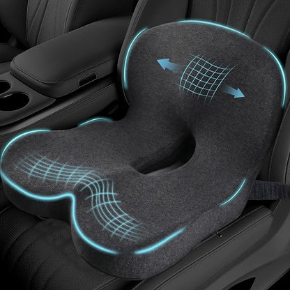 Car Seat Cushion, Memory Foam Driving Cushion with Adjustable Strap, Ergonomic Pad for Car & Semi Truck, Office Chair Cushion for Sciatica & Lower Back Pain Relief, Dark Gray