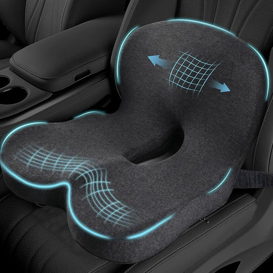 Car Seat Cushion, Memory Foam Driving Cushion with Adjustable Strap, Ergonomic Pad for Car & Semi Truck, Office Chair Cushion for Sciatica & Lower Back Pain Relief, Dark Gray
