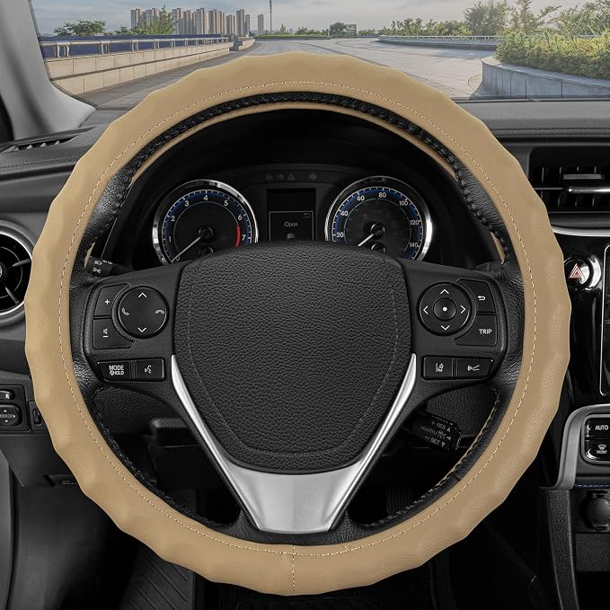 BDK Genuine Beige Leather Steering Wheel Cover for Car, Medium (14.5" - 15.5") – Ergonomic Comfort Grip for Men & Women, Universal Fit Car Steering Wheel Cover for Most Vehicles