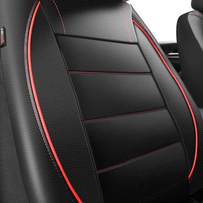 CAR PASS Universal FIT Piping Leather Two Front Seat Covers, Waterproof Faux Leather for SUV Sedan Van Truck, Airbag Compatible,Reserved Opening Holes for Headrest Covers. (Black red)