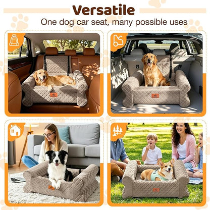 Dog Car Seat for Medium/Large Dogs up to 60 lbs, Memory Foam Dog Booster Seat with Thick Cushion, Pet Car Seat for Back with Detachable Washable Cover, Storage Pockets for SUV, Pick Up, Trunk, Khaki