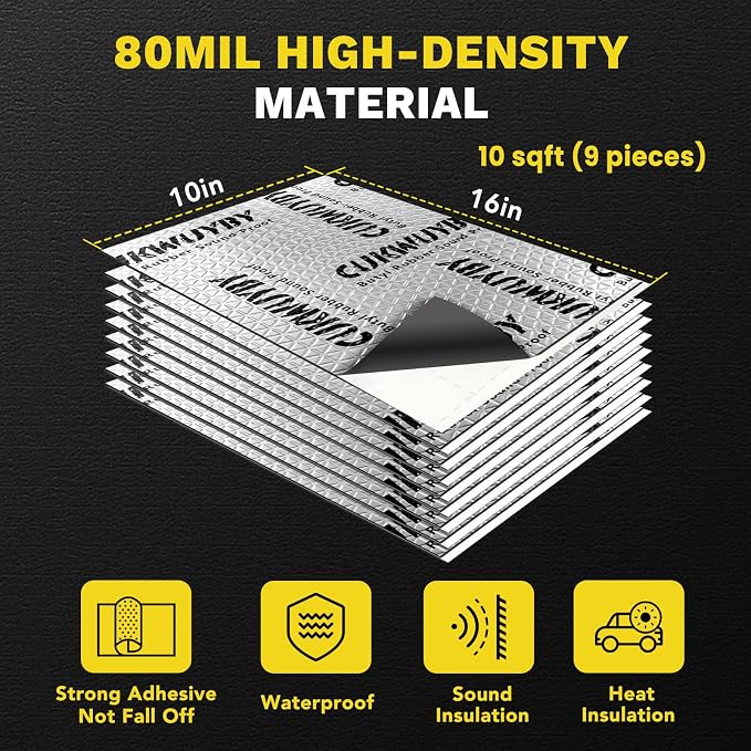 Sound Deading Material for Cars, 80mil (2mm) 10 sqft (0.93 sqm) Car Sound Deadening Mat, Butyl Automotive Sound Deadener, Noise Insulation and Vibration Dampening Material (9 pcs)