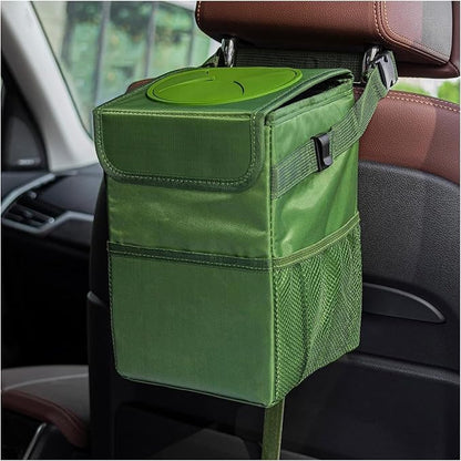 Kewucn Car Trash Can with Lid, Waterproof Mini Auto Garbage Can, Leak-Proof Vehicle Organizer and Storage Pockets, Hanging Collapsible Trash Bin, Universal Accessories for Most Cars (Army Green)