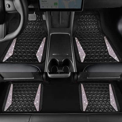 CAR PASS Bling Diamond Car Mats Rubber Floor Mats Full Set Anti-Slip 3D Rhombus Waterproof Trim Fit Liner Universal Glitter Crystal Sparkly Shining Rhinestone Girl Women SUV Sedan, Multicolor Diamond