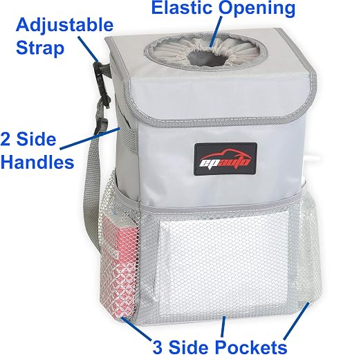 EPAuto Waterproof Car Trash Can with Lid and Storage Pockets, 2.5 Gallon Leakproof, Gray