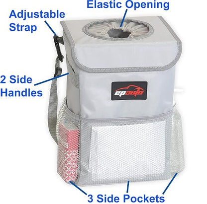 EPAuto Waterproof Car Trash Can with Lid and Storage Pockets, 2.5 Gallon Leakproof, Gray