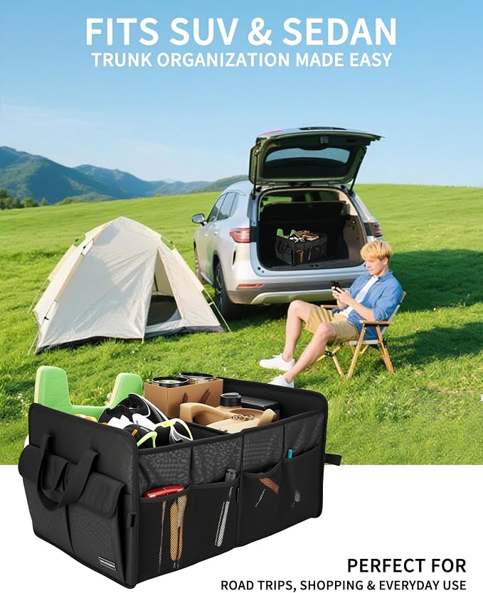 SIBOFUEGO Sturdy Car Trunk Organizer – Large Capacity Trunk Organizer for SUVs & Sedans, Hard-Shell One-Piece Design with Cute Print, Collapsible and Durable Car Organizers (Black Leopard 70L)