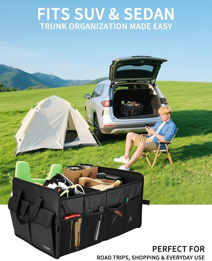SIBOFUEGO Sturdy Car Trunk Organizer – Large Capacity Trunk Organizer for SUVs & Sedans, Hard-Shell One-Piece Design with Cute Print, Collapsible and Durable Car Organizers (Black Leopard 70L)