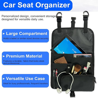 Black Car Seat Organizer, Multi-Pocket Storage, Headrest Hooks Mount, Vehicle Backseat Organizer,with a detachable small storage bag.