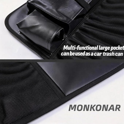 2PACK Leather Car Backseat Organizer with Tablet Holder - 9 Large Storage Pockets, Foldable Food Tray & Anti-Scratch Kick Mats - Universal Car Seat Protector for Kids, Pets & Travel Accessories