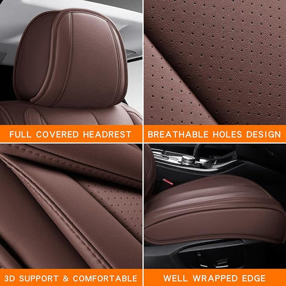 MINGBRON Car Seat Covers Full Set, Car Seat Cover Lumbar Support, Car Seat Protector Waterproof, Nappa Leather Car Seat Cushion, Front Seats and Back Fit for Most Cars Brown
