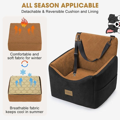 JOEJOY Dog Car Seats for Small Medium Dogs Under 35lbs, Dog Booster Seat with Detachable Washable Cover and Cushion, Memory Foam Pet Car Seat with Safety Belt and Storage Pockets (Brown)