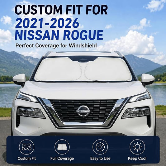 Custom Fit Windshield Sun Shade for Nissan Rogue 2021-2026 | Perfect Vehicle Fit, Cooler Interior, Blocks UV Rays, Stronger Frame, Easy Fold & Store