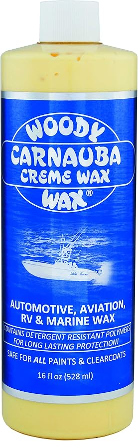 Woody Wax Carnauba Creme Wax, Professional High-Gloss Marine, RV & Aviation Wax, UV Protection for Paint & Clear Coat, Detergent Resistant Polymers, Covers Light Scratches and Removes Oxidation, 16 oz