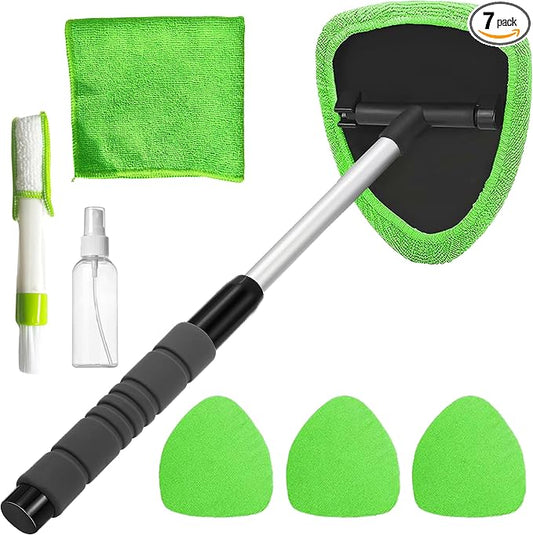 Windshield Cleaner Tool with Extendable Handle, Car Window Cleaning Kit for Inside & Outside Glass, Includes Microfiber Pads, Brush & Bottle (7 Pcs, Green)