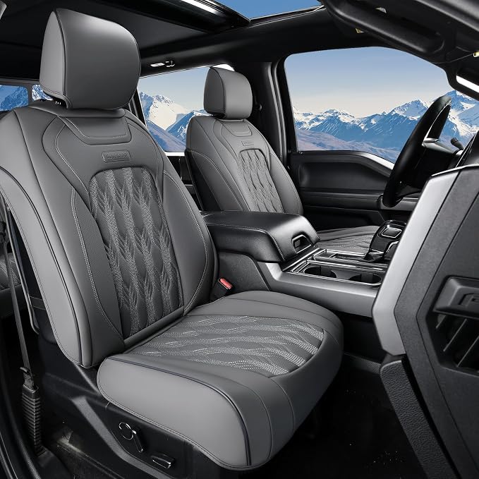 Coverado RAM Seat Covers Full Set, Waterproof Leather Car Seat Covers, Protective Seat Cushions Truck Pickup Custom Fit 2002-2025 Dodge Ram 1500 2500 3500, Gray